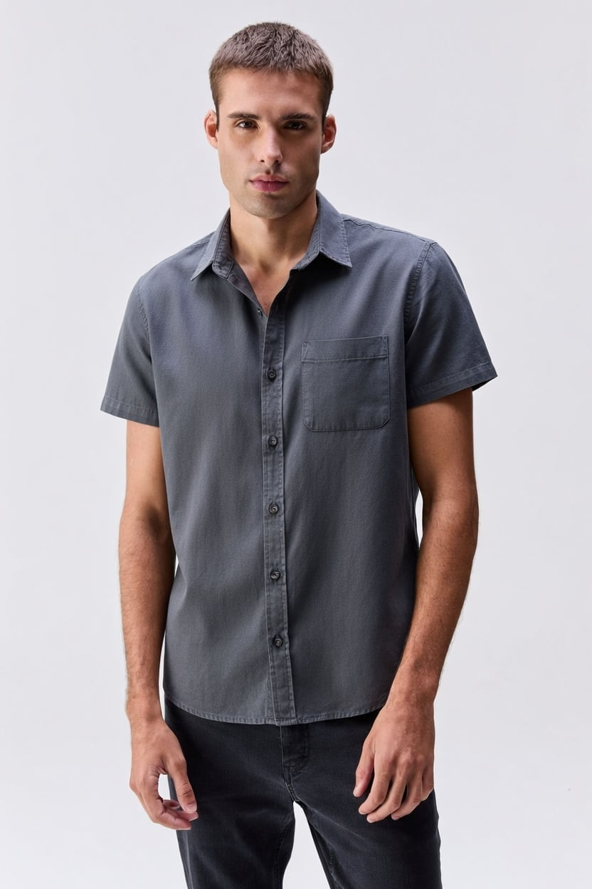 Camisa Manga Curta Linen Gobi Cinza Escuro